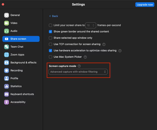 Zoom Settings showing 'Advanced capture with window filtering'